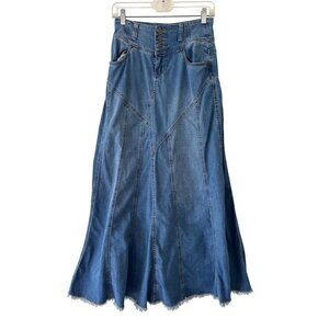Vintage Style J Denim A Line Midi Skirt Button Fly Back Flap Pockets Frayed Hem